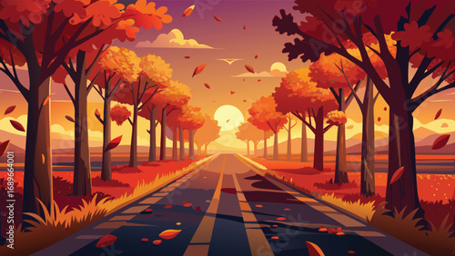 Autumn landscape with road and trees. Vector illustration in cartoon style