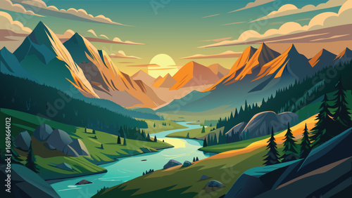 Mountain landscape with river and forest at sunset. Vector illustration.