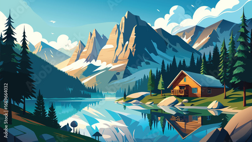 Mountain landscape with lake and wooden house. Cartoon vector illustration.