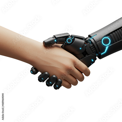 Human hand shaking robotic hand isolated on transparent background