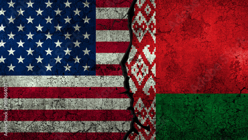 United States of America and Belarus political tensions and relations concept background with flags on textured wall