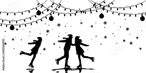 Silhouette of a couple ice skating under christmas lights and snowflakes in black and white design | editable eps vectors
