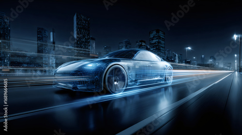 Digital wireframe car driving on a futuristic highway at night. Autonomous vehicle technology and smart transportation concept.