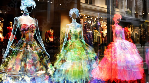 Vibrant, Illuminated Dresses on Display in a Store Window