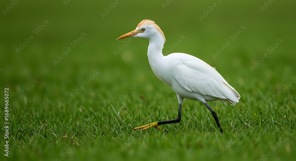 Fototapeta premium White Cattle Egret in Green Grassy Field.