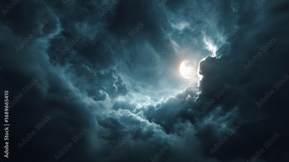 Fototapeta premium Full moon shining through dark, dramatic storm clouds at night. Moonlight illuminating a cloudy sky. Spooky Halloween, nature atmosphere.