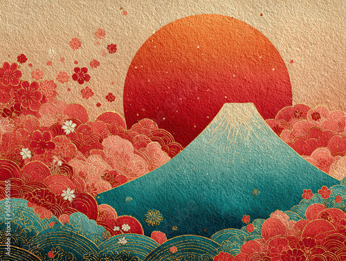 Vibrant, detailed scene with large radiant sun orange, red, mountain landscape blue, white, scattered pink cherry blossom petals, three-dimensional effect, cloudy background shades - AI-Generated
