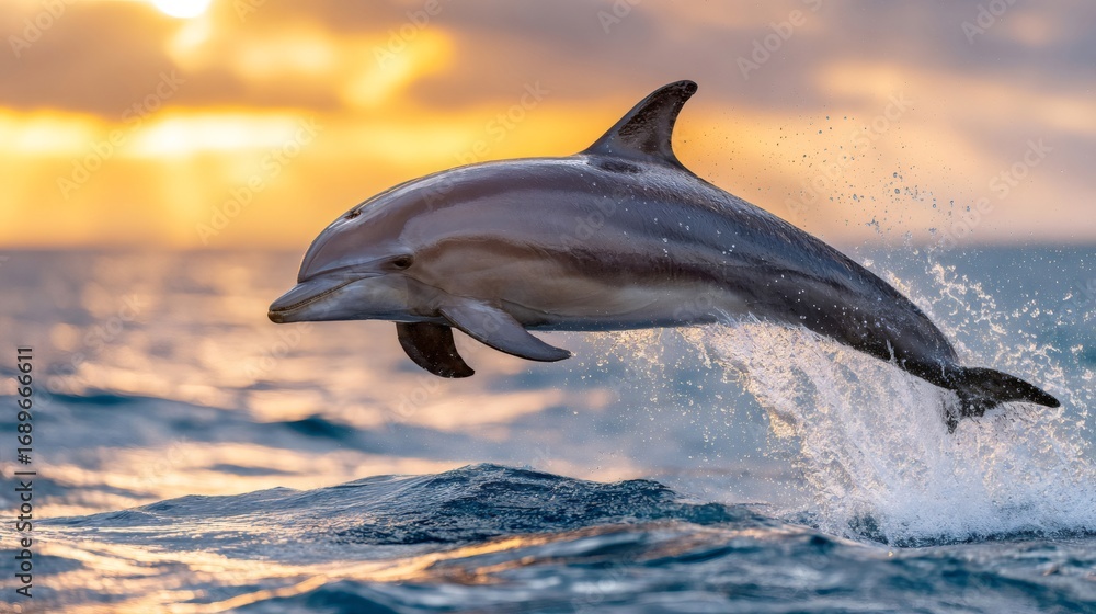 Fototapeta premium Dolphin jumping out of the water at sunset