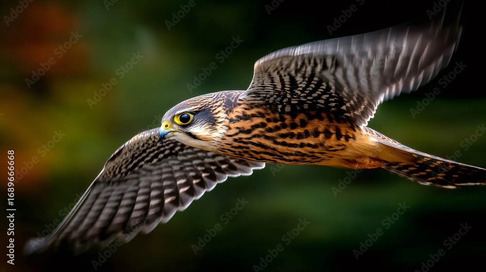 Fototapeta premium Merlin falcon bird of prey flying with spread wings