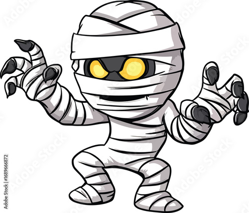 Cute Cartoon Mummy Character – Halloween Monster with Bandages and Glowing Eyes Vector Illustration