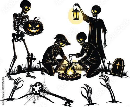 Halloween Skeleton Campfire in Graveyard – Spooky Vector Illustration with Lantern and Jack-o'-Lantern