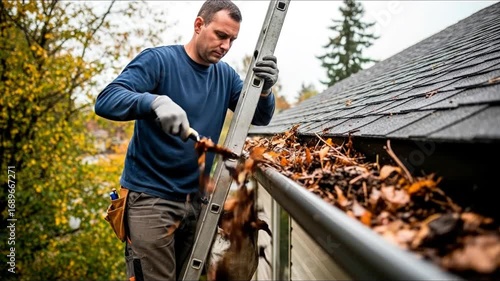 A man cleaning leaves and debris from a roof gutter using a trowel and ladder during autumn.