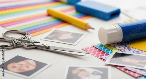 Scrapbooking Still Life: Vintage Scissors, Photos, and Colorful Craft Supplies on White Surface