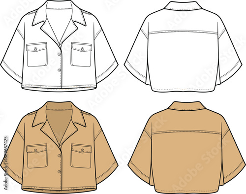 Cropped button-up shirt technical sketch, front and back views, patch pockets, short sleeves, boxy silhouette, cad drawing flat vector illustration