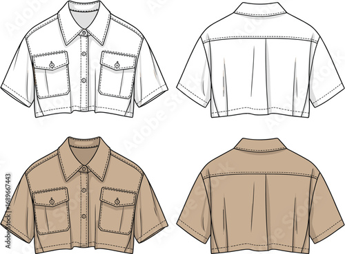 Cropped utility shirt for women, front and back view, fashion cad drawing, short sleeve design, vector flat technical illustration
