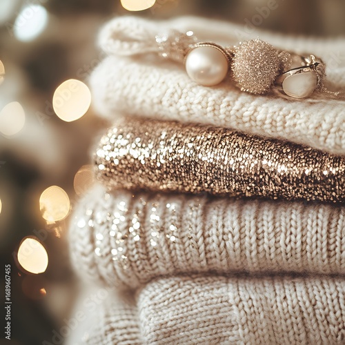 Elegant Knitwear Stack with Pearl Jewelry Festive Winter Fashion