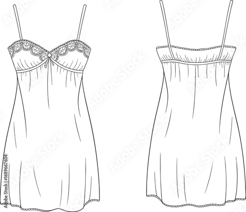 Lingerie slip dress technical sketch, front and back views, lace trim, spaghetti straps, fitted bust, cad drawing flat vector illustration