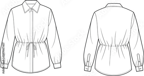 Long sleeve shirt technical sketch, front and back views, drawstring waist, pointed collar, button cuffs, cad drawing flat vector illustration