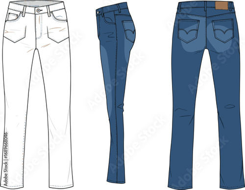 Women’s denim jeans, front, side, back views, CAD flat technical drawing, blue jeans fashion, vector apparel design, casual pants illustration