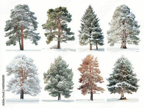 Wallpaper Mural Nine unique trees on a white background, arranged in a 3x3 grid, varying in color green, brown, pink, orange, some with snow, soft lighting, showcasing bark texture, diverse species o - AI-Generated Torontodigital.ca