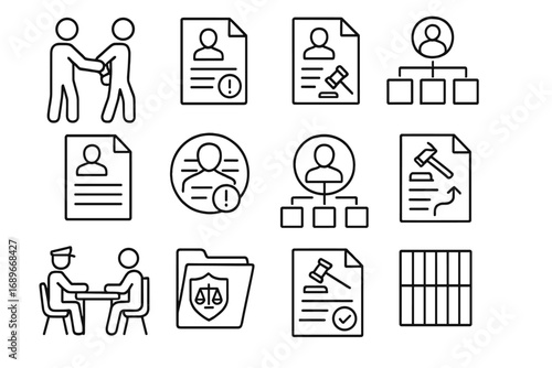 Criminal Law Icons. Line style icons of criminal law: arrest process icon, criminal charge paper, felony document, misdemeanor