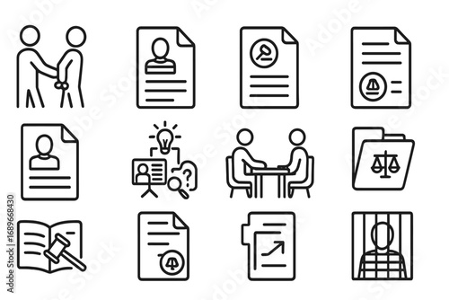 Criminal Law Icons. Line style icons of criminal law: arrest process icon, criminal charge paper, felony document, misdemeanor