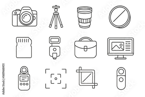 Photography Gear Icons. Line style icons of photography gear: DSLR camera icon, tripod setup, lens kit, reflector disk, memory