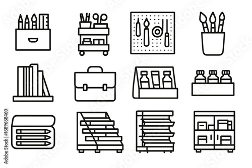 Art Tools Icons. Line style icons of creative tools storage: art supplies drawer, rolling cart icon, tool wall panel, brush holder