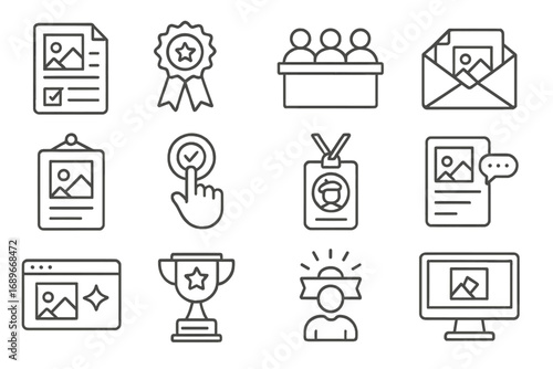 Art Contest Icons. Line style icons of art contests: entry form icon, award ribbon, jury panel icon, art submission email,