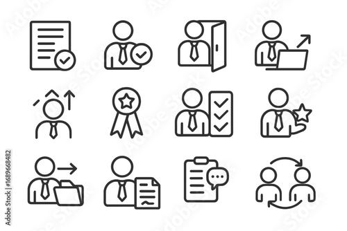 Employee Lifecycle Icons. Line style icons of employee lifecycle: job offer icon, hire symbol, onboarding icon, development stage,