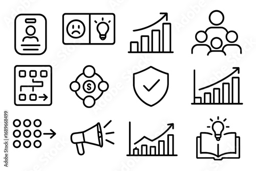 Startup Pitch Icons. Line style icons of startup pitch elements: elevator pitch card, problem-solution slide, market size graph,