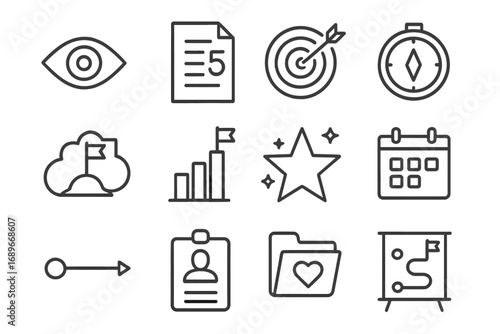 Goal Planning Icons. Line style icons of long-term goal planning: life vision icon, 5-year plan document, goal alignment chart,