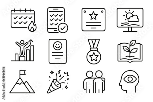 Motivation Boosters Icons. Line style icons of motivation boosters: progress streak icon, habit tracker app, reward system card,