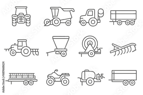 Agricultural Vehicle Icons. Line style icons of agricultural transport: tractor front icon, harvester vehicle, bale loader, grain