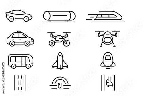Futuristic Transport Icons. Line style icons of futuristic transport: flying car icon, Hyperloop pod, maglev train, autonomous