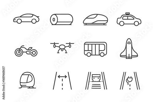 Futuristic Transport Icons. Line style icons of futuristic transport: flying car icon, Hyperloop pod, maglev train, autonomous