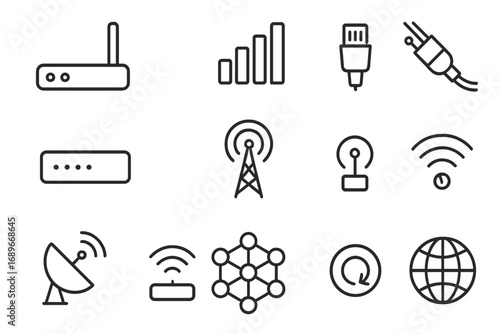 Internet Connectivity Icons. Line style icons of internet connectivity: Wi-Fi router icon, signal bars icon, Ethernet cable plug,