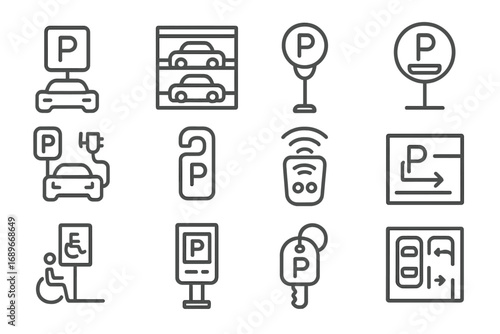 Parking Icon Set. Line style icons of parking and garages: car park icon, multi-level garage, parking meter symbol, reserved space