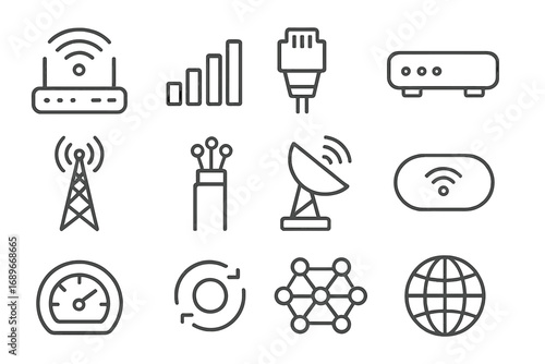 Internet Connectivity Icons. Line style icons of internet connectivity: Wi-Fi router icon, signal bars icon, Ethernet cable plug,