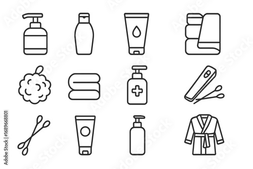 Hygiene Essentials Icons. Line style icons of daily hygiene essentials: hand soap pump, shampoo bottle, conditioner tube, body