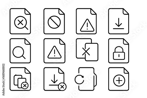 File Error Icons. Line style icons of file error and troubleshooting: file not found icon, unsupported format icon, file corrupted