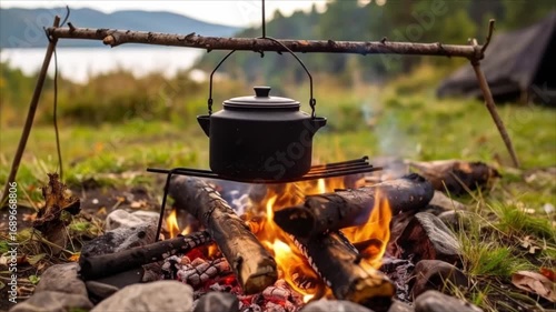 Outdoor cooking with campfire