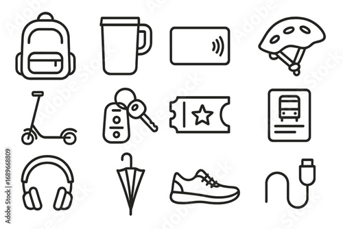 Commute Essentials Icons. Line style icons of daily commute items: backpack icon, travel mug, transit pass, bike helmet, scooter