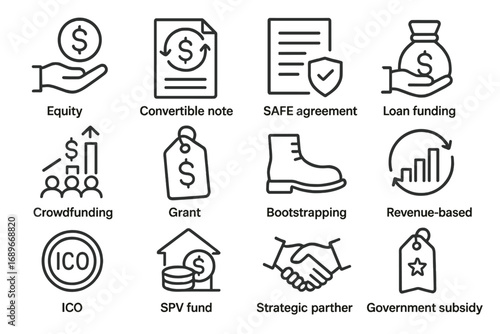Line Style Funding Icons. Line style icons of funding types: equity financing icon, convertible note icon, SAFE agreement sheet,