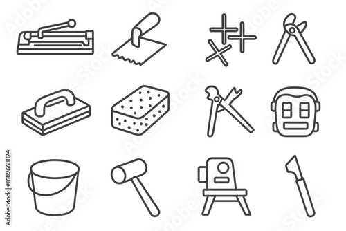 Tiling Tools Icons. Line style icons of tiling tools: tile cutter, notched trowel, tile spacers, grout float, sponge icon, tile