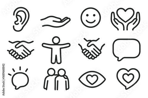 Icons of Empathy. Line style icons of empathy and care: listening ear, comfort hand, warm smile, heart support, handshake icon,