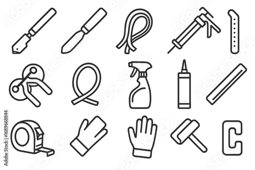Glass Craft Tools. Line style icons of glass and window tools: glass cutter, glazing knife, suction cup lifter, silicone gun,