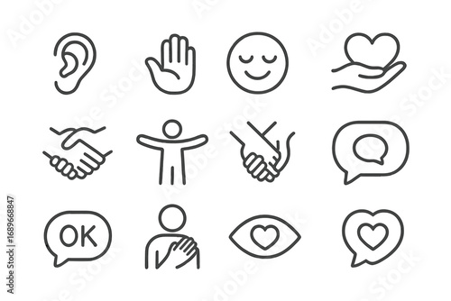 Icons of Empathy. Line style icons of empathy and care: listening ear, comfort hand, warm smile, heart support, handshake icon,