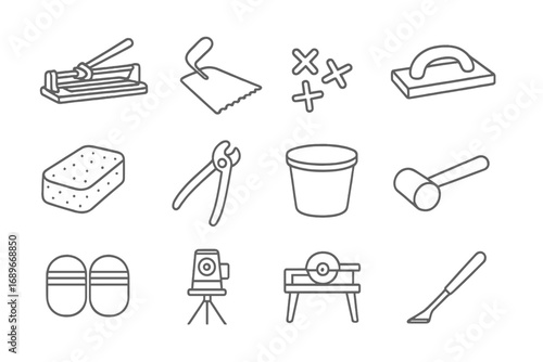 Tiling Tools Icons. Line style icons of tiling tools: tile cutter, notched trowel, tile spacers, grout float, sponge icon, tile