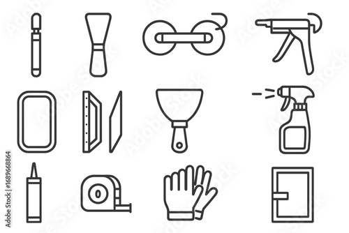 Glass Craft Tools. Line style icons of glass and window tools: glass cutter, glazing knife, suction cup lifter, silicone gun,